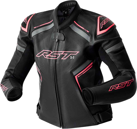 WOMENS S1 D3O LEATHER JACKET BLK/FLO PINK